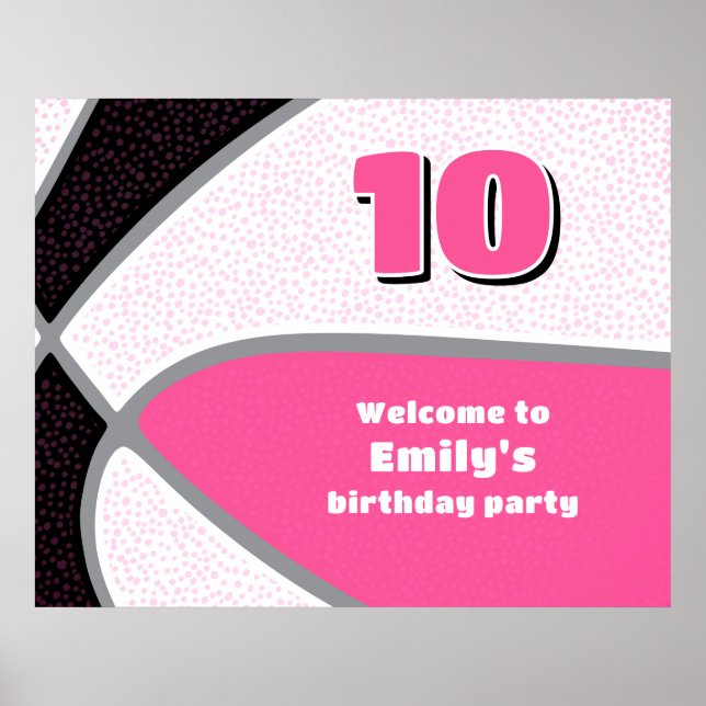pink black basketball party girls birthday welcome poster (Front)