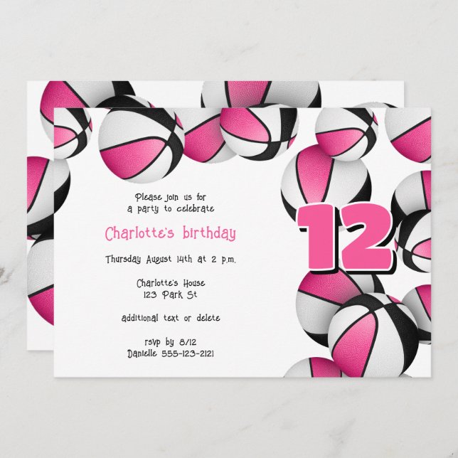 pink black basketballs girls birthday party invitation (Front/Back)