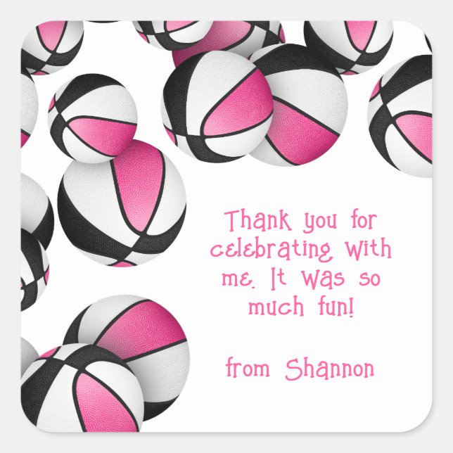 pink black basketballs girls sports birthday party square sticker (Front)