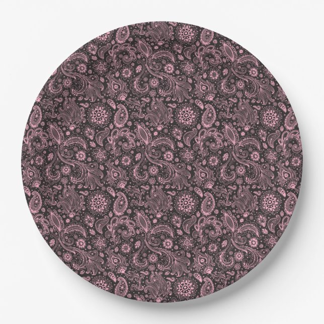 Pink black batik boho style floral paisley pattern paper plate (Front)