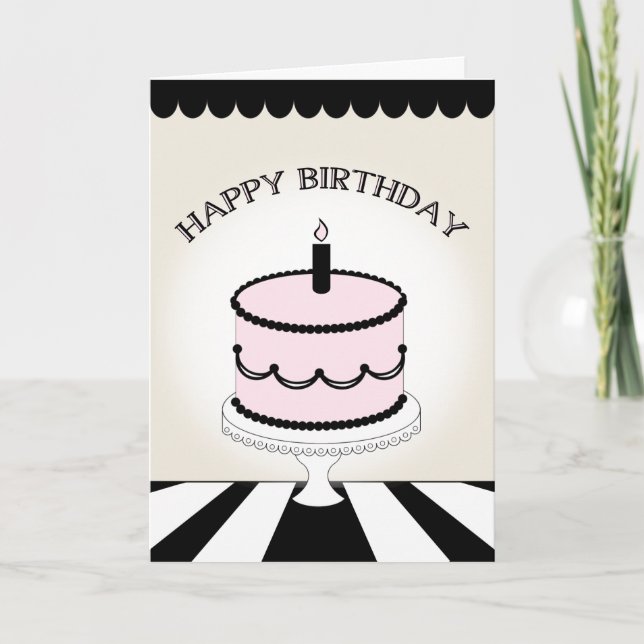Pink & Black Birthday Cake / Stripes Card (Front)