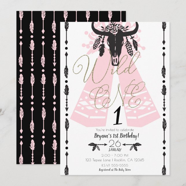 Pink & Black Boho Chic Wild ONE 1st Birthday Party Invitation (Front/Back)