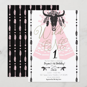 Pink & Black Boho Chic Wild ONE 1st Birthday Party Invitation