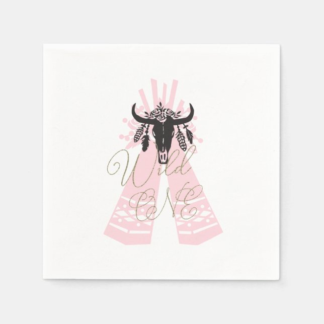 Pink & Black Boho Chic Wild ONE 1st Birthday Party Napkin (Front)