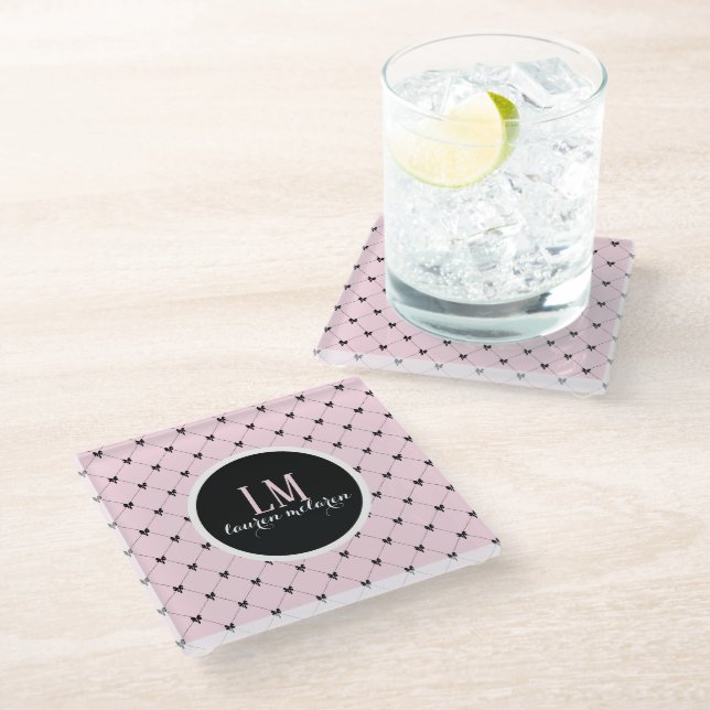 Pink & Black Bow Monogram Glass Coaster (Angled)