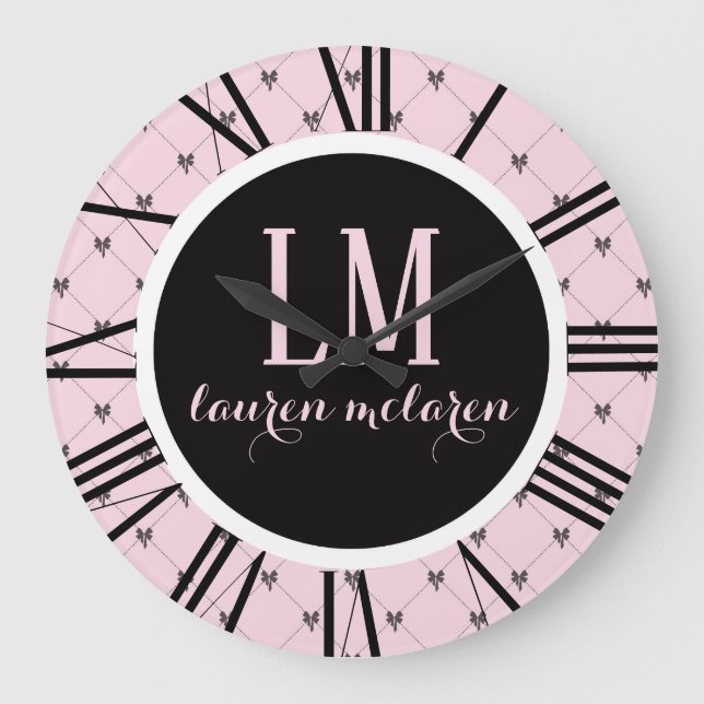 Pink & Black Bow Monogram Large Clock (Front)