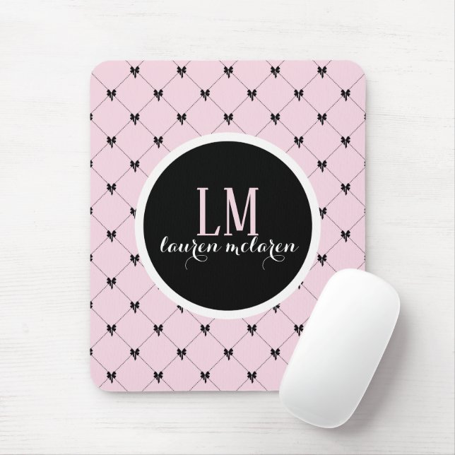 Pink & Black Bow Monogram Mouse Pad (With Mouse)