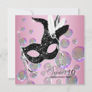 Pink Black Bubbles Sweet Sixteen Masquerade Party Invitation
