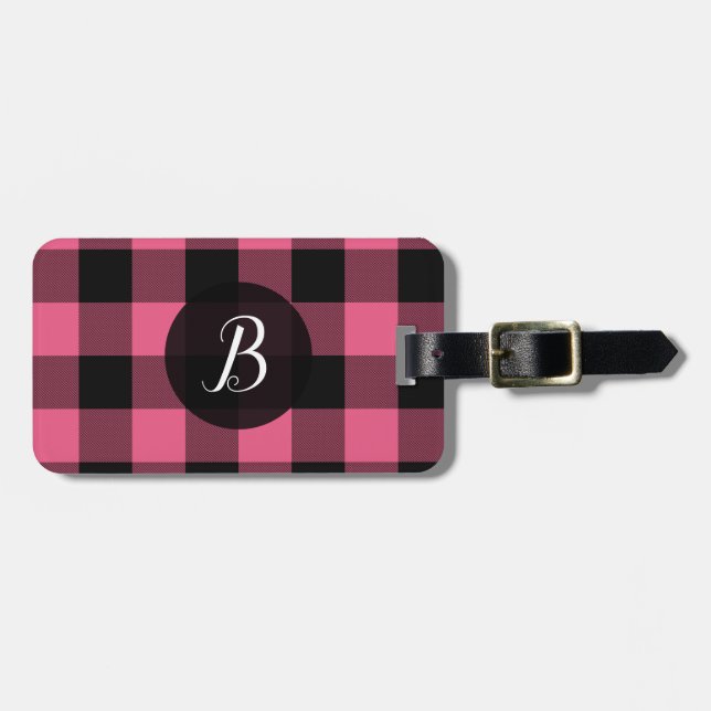 Pink & Black Buffalo Plaid Chequered Squares Luggage Tag (Front Horizontal)
