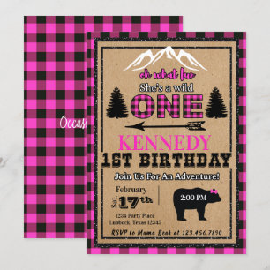 Pink Black Buffalo Plaid Girl Birthday Invitation