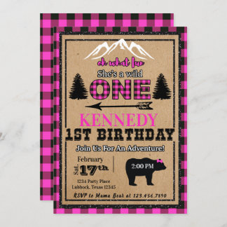 Pink Black Buffalo Plaid Girl Birthday Invitation