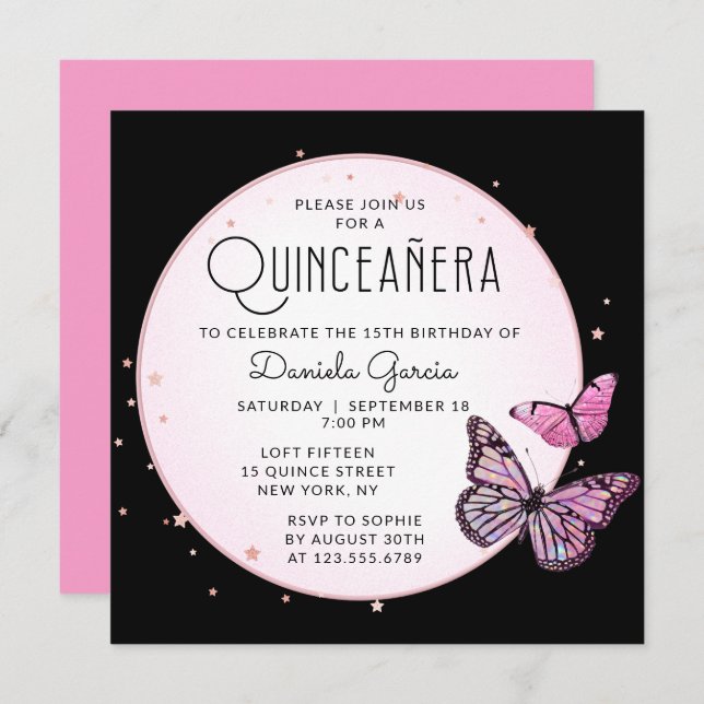 Pink Black Butterflies Stars Modern Quinceañera Invitation (Front/Back)