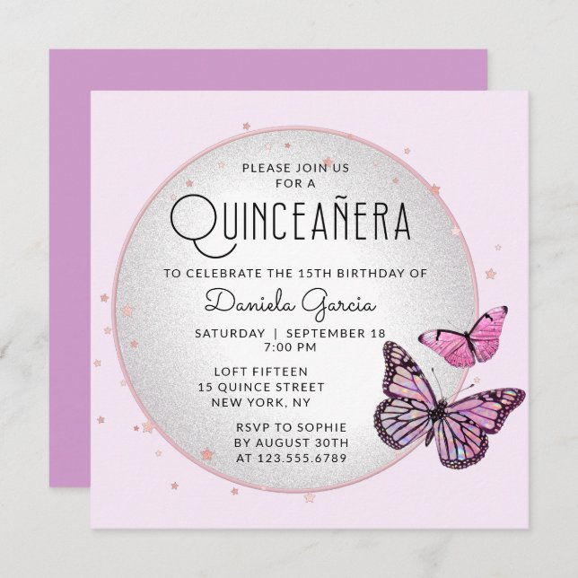 Pink Black Butterflies Stars Modern Quinceañera Invitation (Front/Back)