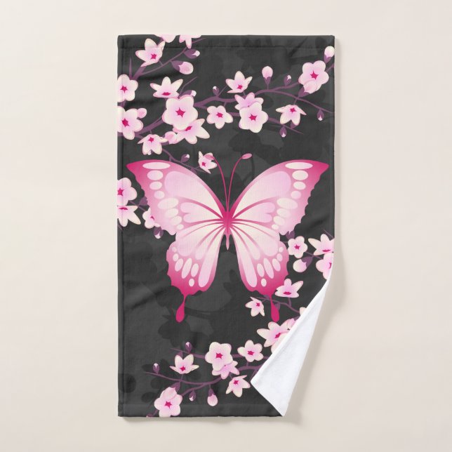 Pink Black Butterfly And Cherry Blossoms Hand Towel (Hand Towel)