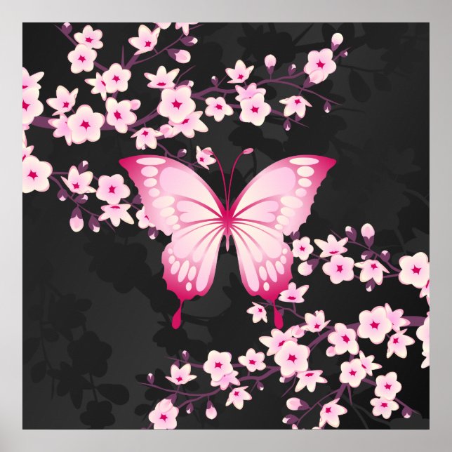 Pink Black Butterfly And Cherry Blossoms Poster (Front)