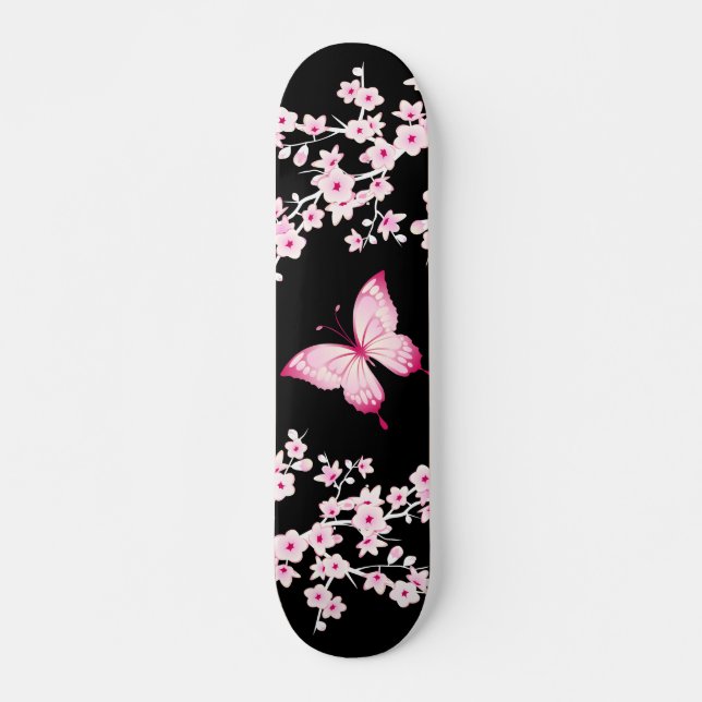 Pink Black Butterfly And Cherry Blossoms  Skateboard (Front)