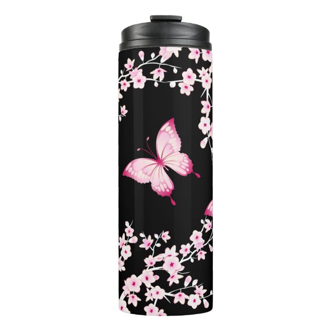 Pink Black Butterfly And Cherry Blossoms  Thermal Tumbler (Front)