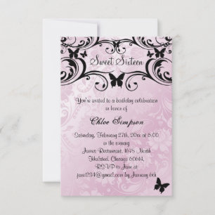 Pink & Black Butterfly & Flower Sweet16 Invitation