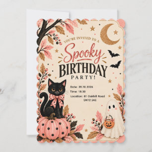 Pink Black Cat Spooky Halloween Invitation