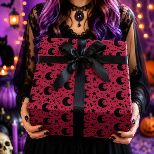 Pink Black Celestial Crescent Moon Halloween Patte Wrapping Paper
