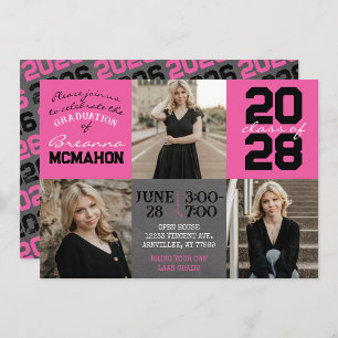 Pink & Black Chalkboard 3 Photo Graduation Invitation