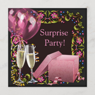 Pink Black Champagne Balloons Surprise Party Invitation