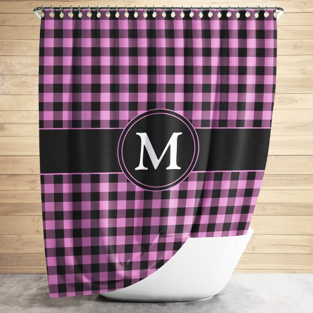 Pink & Black Checked Pattern Monogram Personalise Shower Curtain (Modern Pink Plaid Pattern Monogram Shower Curtain)