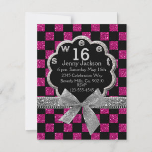 Pink & Black Chequerboard Glitter Sweet 16 Invitation
