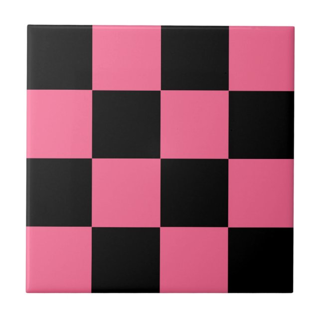 Pink Black Chequered Check Pattern Ceramic Tile (Front)
