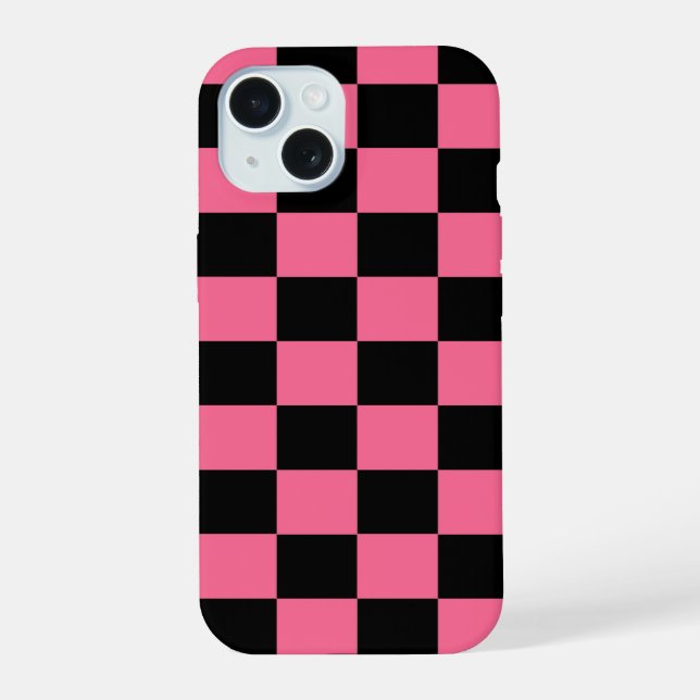 Pink Black Chequered Check Pattern iPhone 15 Case (Back)