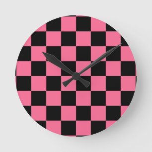 Pink Black Chequered Check Pattern Round Clock