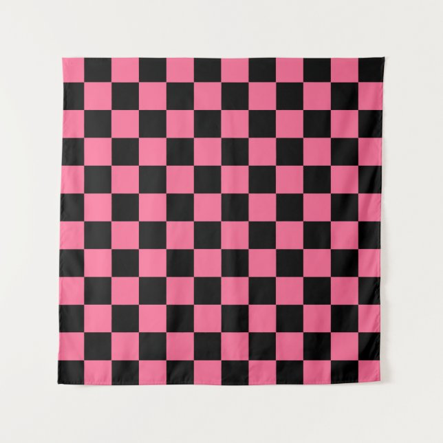 Pink Black Chequered Check Pattern Tapestry (Front)