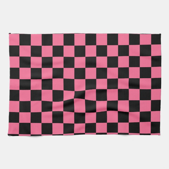 Pink Black Chequered Check Pattern Tea Towel (Horizontal)