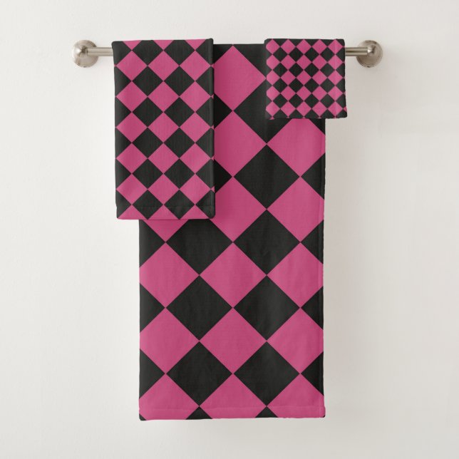 Pink Black Chequered Diamond Pattern  Bath Towel Set (Insitu)