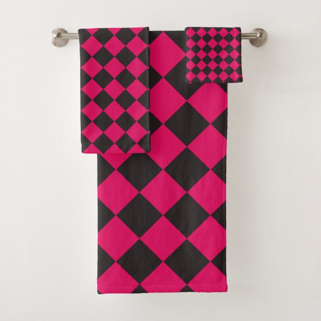 Pink Black Chequered Diamond Pattern  Bath Towel Set (Insitu)
