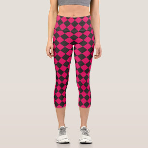 Pink Black Chequered Diamond Pattern Capri Leggings