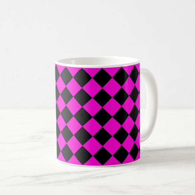 Pink Black Chequered Diamond Pattern Coffee Mug (Front Right)