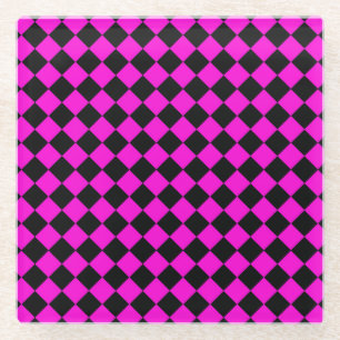 Pink Black Chequered Diamond Pattern Glass Coaster