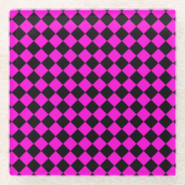 Pink Black Chequered Diamond Pattern Glass Coaster (Front)
