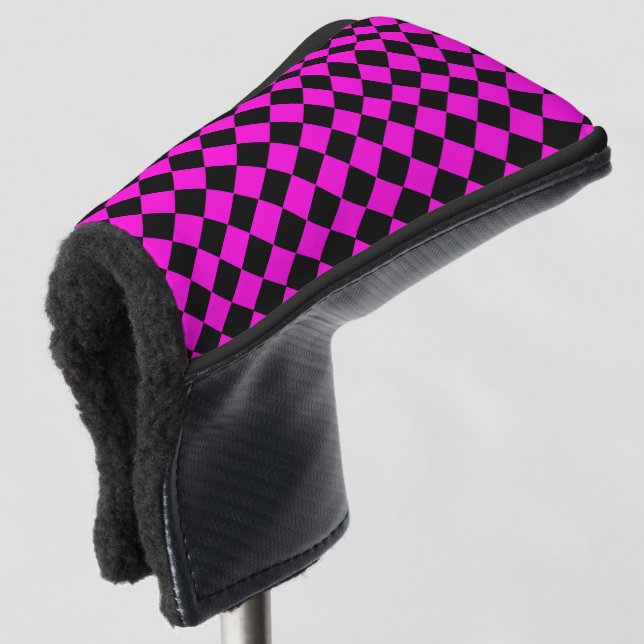 Pink Black Chequered Diamond Pattern Golf Head Cover (3/4 Front)