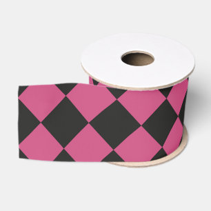 Pink Black Chequered Diamond Pattern Grosgrain Ribbon