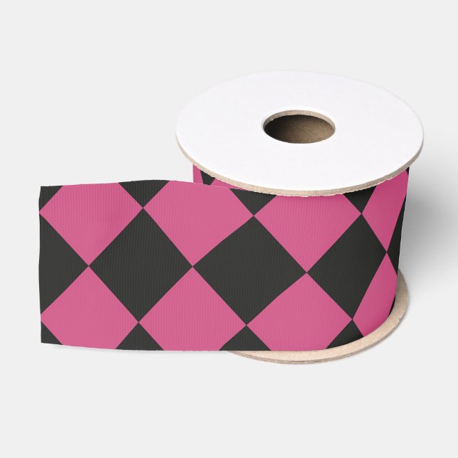 Pink Black Chequered Diamond Pattern Grosgrain Ribbon (Spool)