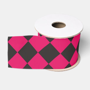Pink Black Chequered Diamond Pattern Grosgrain Ribbon