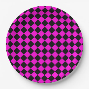 Pink Black Chequered Diamond Pattern Paper Plate
