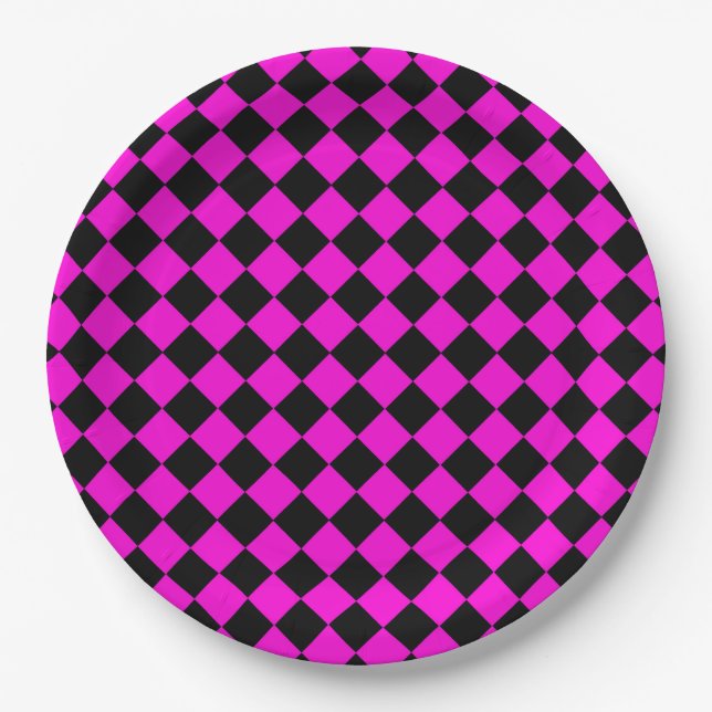 Pink Black Chequered Diamond Pattern Paper Plate (Front)