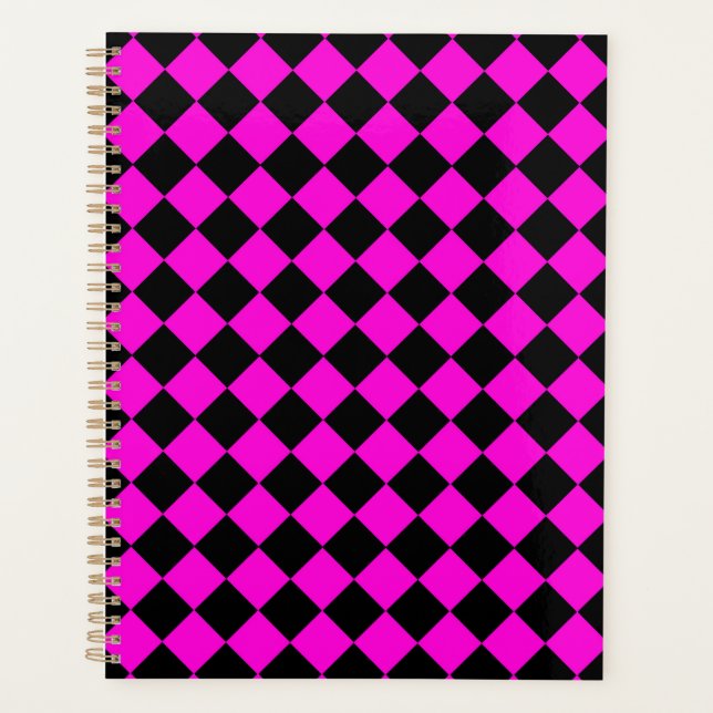 Pink Black Chequered Diamond Pattern  Planner (Front)
