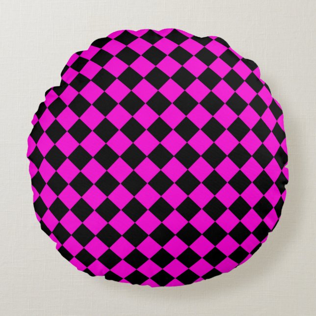 Pink Black Chequered Diamond Pattern Round Cushion (Front)