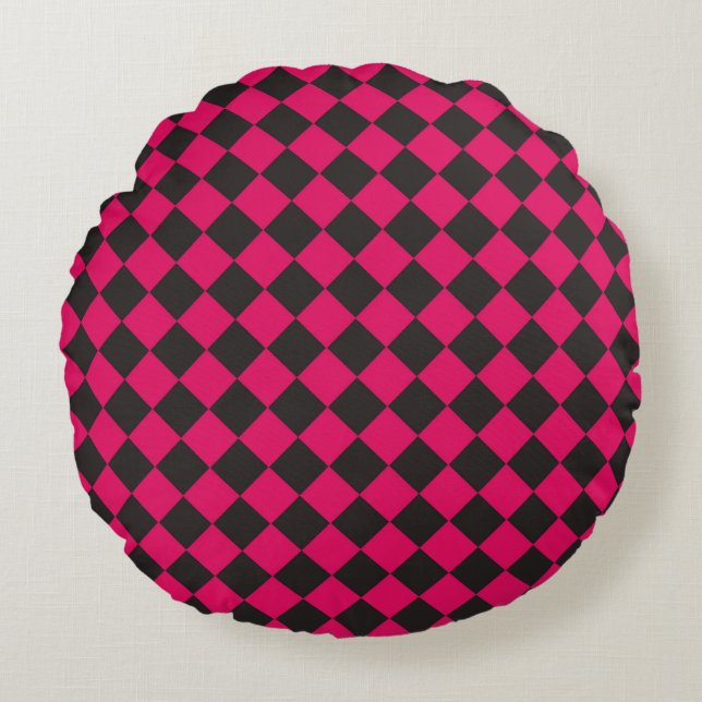 Pink Black Chequered Diamond Pattern  Round Cushion (Front)