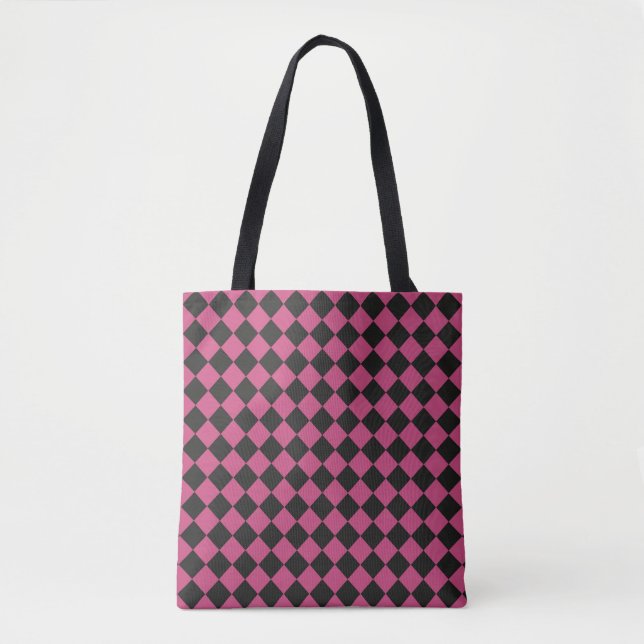 Pink Black Chequered Diamond Pattern Shoulder Tote Bag (Front)