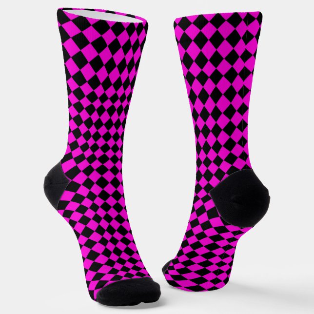 Pink Black Chequered Diamond Pattern Socks (Angled)
